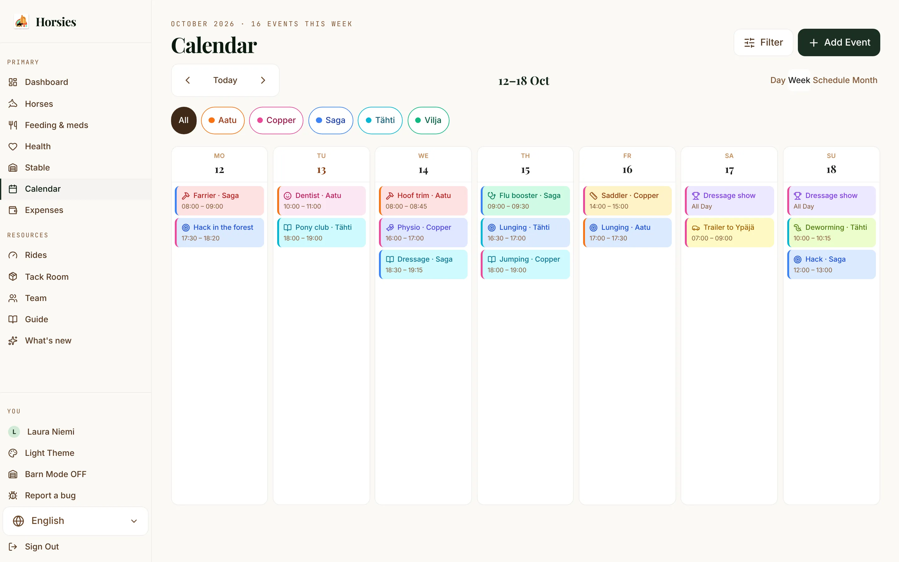 The Horsies calendar in week view on a laptop, with the yard's vet, farrier and training events.