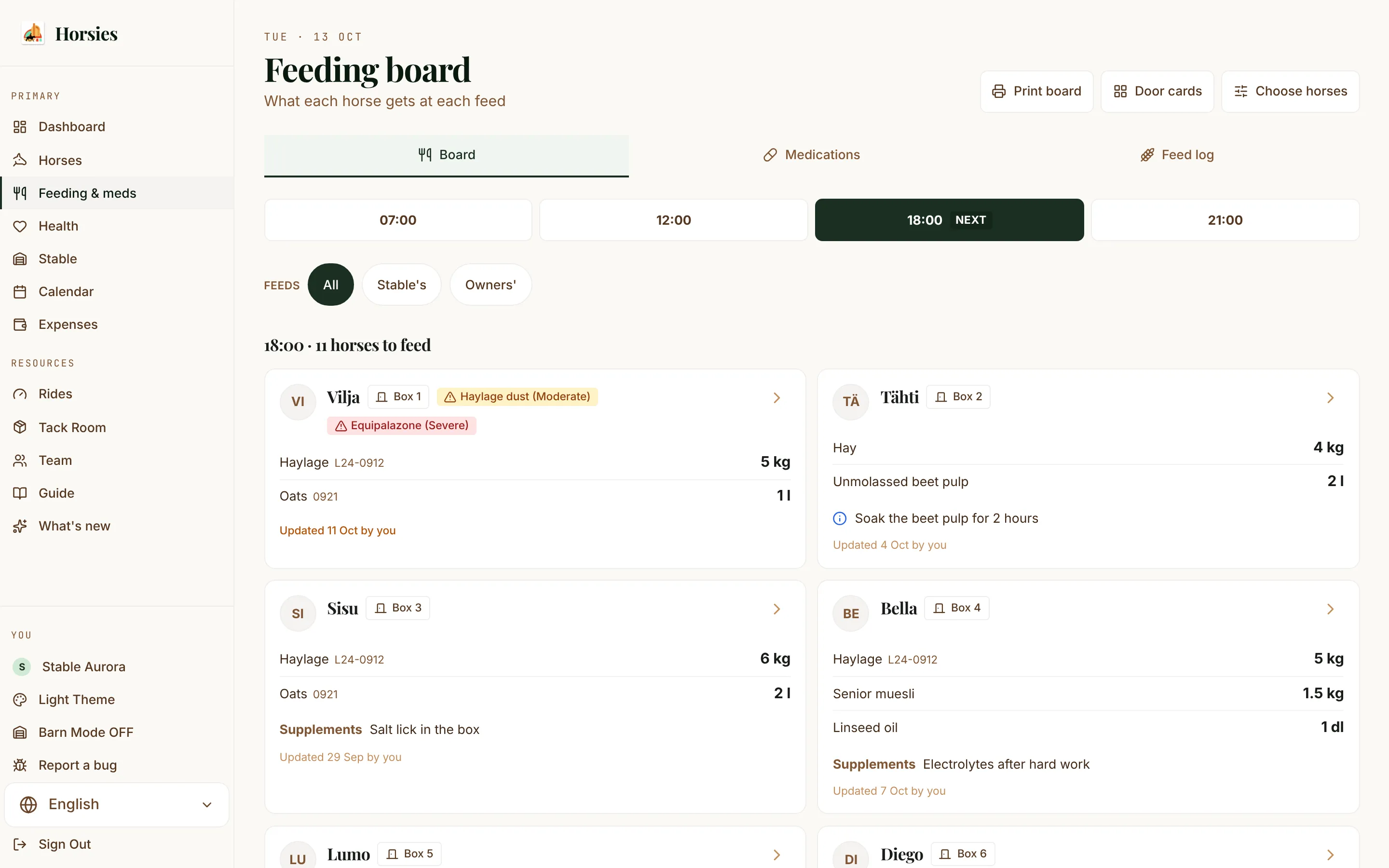 The feeding board in Horsies on a laptop: the next feed for every horse in the yard, in box order.