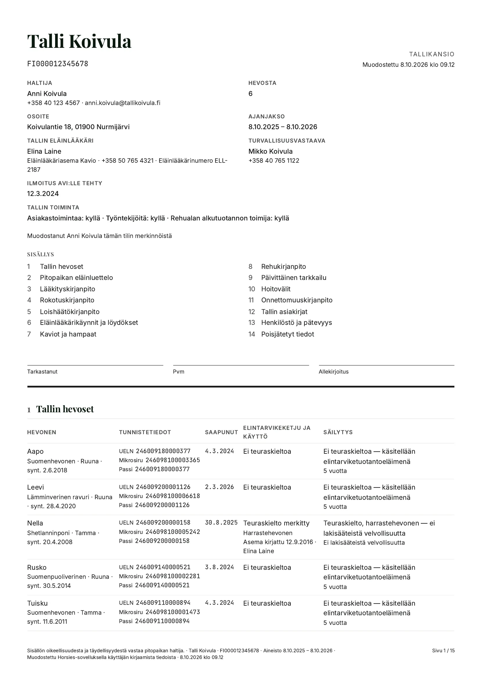 Page one of a Stable Folder printed from the app, in Finnish, with example data: the holding's details, the contents and the horse register.